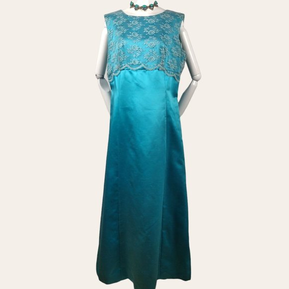 Vintage 1960s MOD Aqua Cocktail Dress Party Gown Lace Bodice Turquoise Satin M - Picture 1 of 13